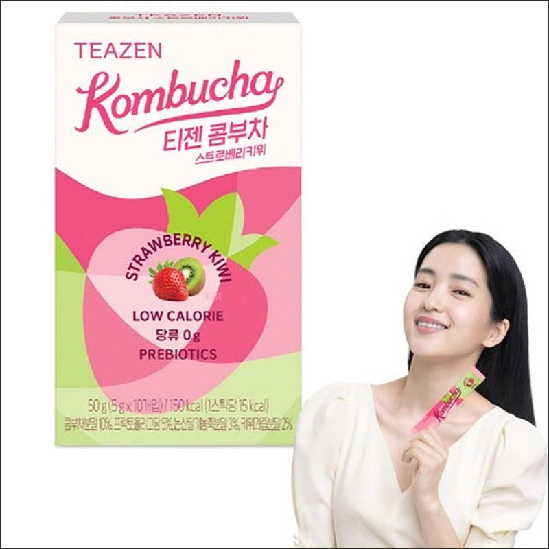 TEAZEN Kombucha Strawberry Kiwi Tea 10 Sticks / Low Calorie, Zero Sugar, Prebiotics