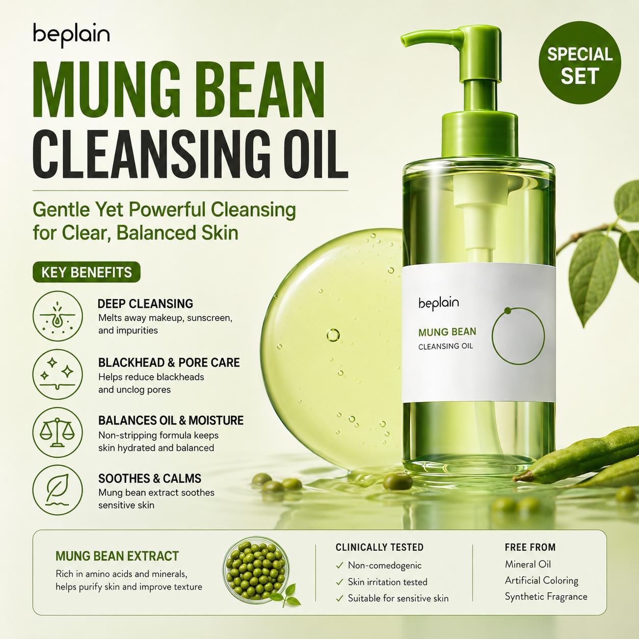 [Beplain] Mung Bean Cleansing Oil Special Set - Deep Pore Cleansing & Blackhead Care, 240ml (200ml + 20ml x 2) | Olive's K-beauty
