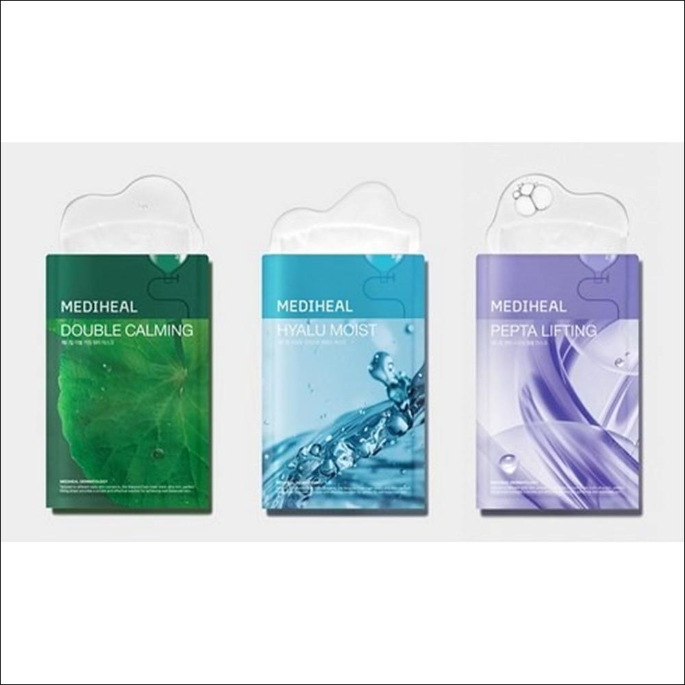 MEDIHEAL Double Calming Water Mask+Hyalu Moist Essence Mask+Pepta Lifting Ampoule Mask, 30 sheets, 1 set
