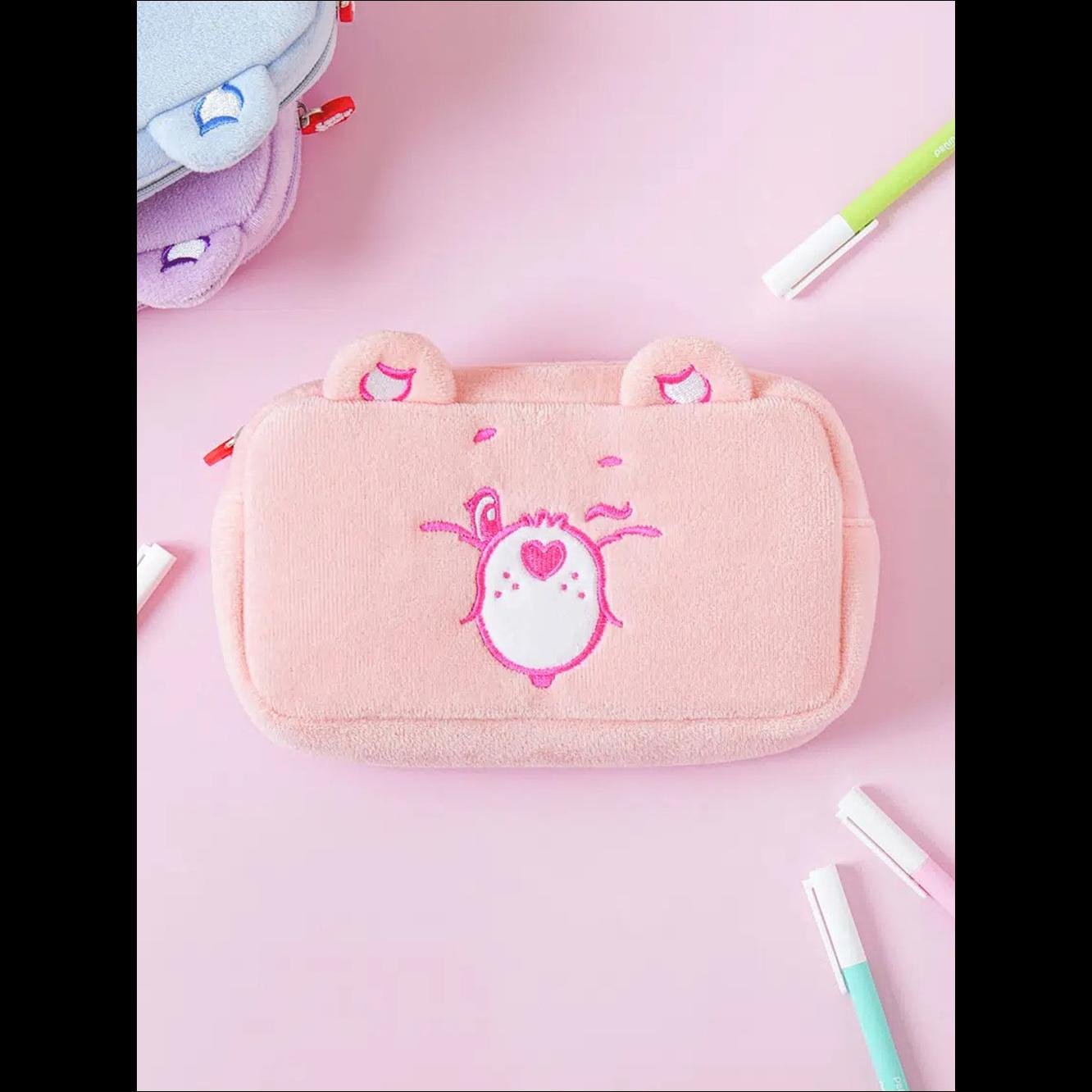 [K-Stationery] Daiso Korea Care Bears Plush Embroidery Pencil Case - Cute Pink Bear Pouch & Organizer