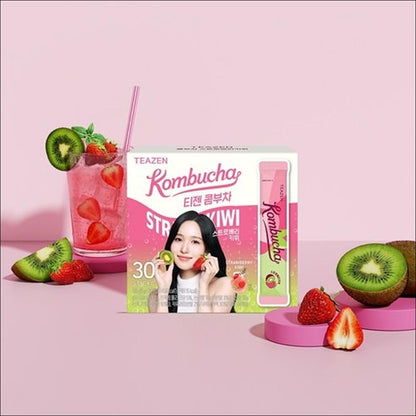 TEAZEN Kombucha Strawberry Kiwi Tea 30 Sticks / Low Calorie, Zero Sugar, Prebiotics