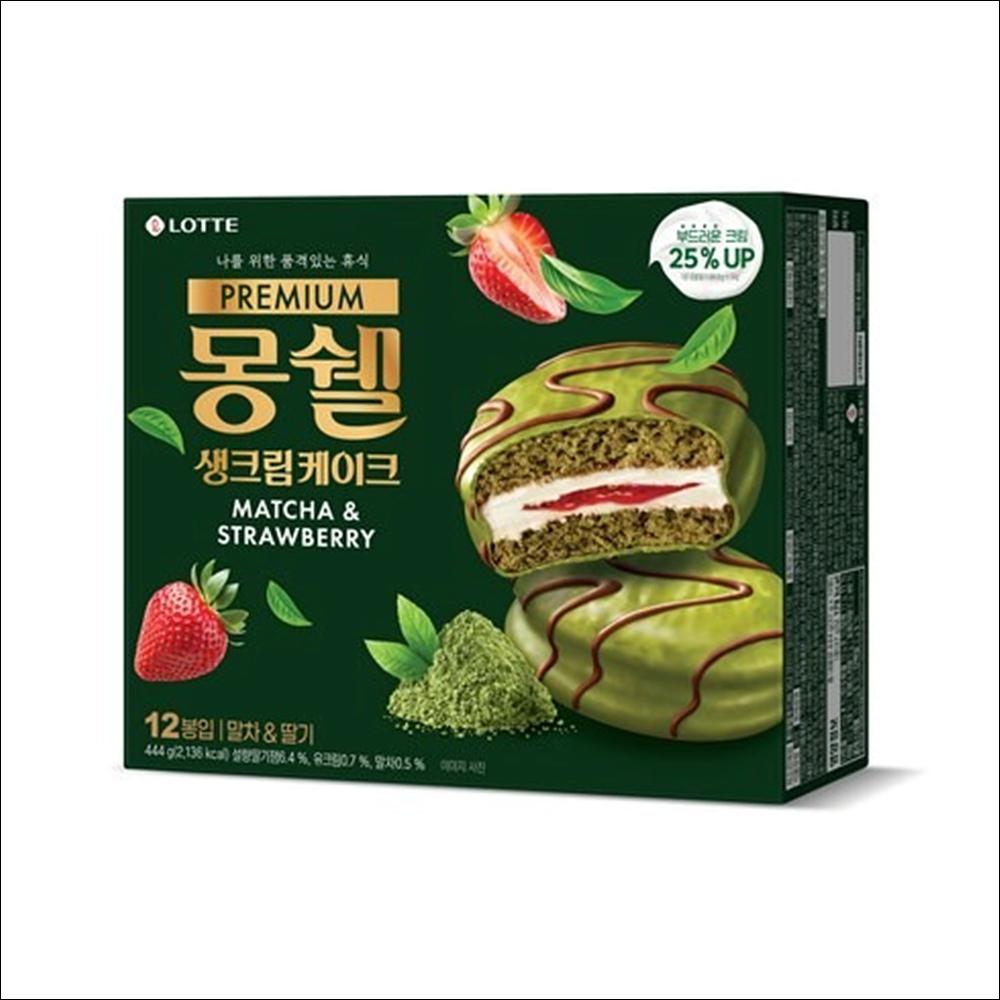 [Lotte] Moncher Premium Cream Cake Matcha & Strawberry (2 Boxes) - Long Shelf Life Snack, Shelf-Stable Fudgy K-Dessert (Authentic)