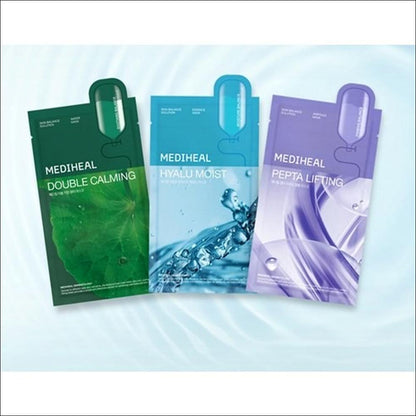 MEDIHEAL Double Calming Water Mask+Hyalu Moist Essence Mask+Pepta Lifting Ampoule Mask, 30 sheets, 1 set