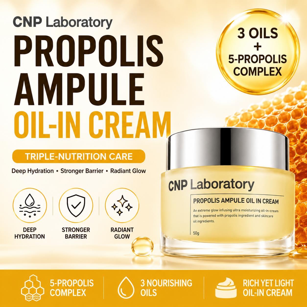 [CNP Laboratory] Propolis Ampule Oil In Cream 50g - Deep Nourishing Face Moisturizer, Ceramic Barrier & Honey Glow, K-Beauty Anti-Aging Cream