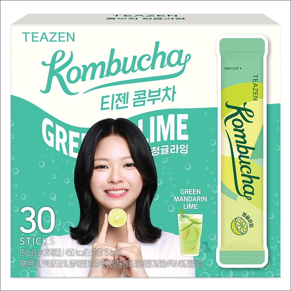 TEAZEN Kombucha Green Mandarin Lime Tea 30 Sticks / Low Calorie, Zero Sugar, Prebiotics