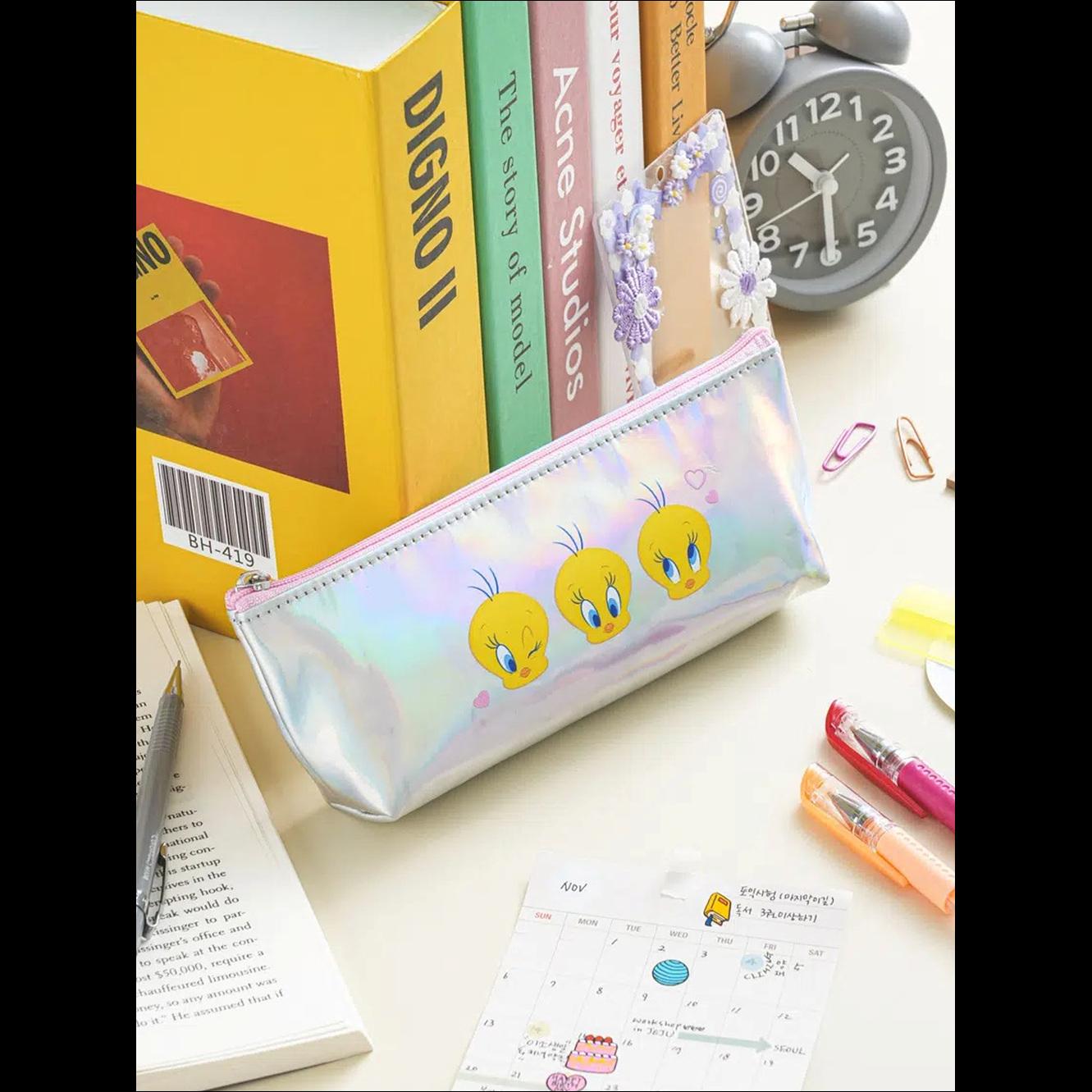 [K-Stationery] Daiso Korea Looney Tunes Tweety Hologram Pencil Case - Cute Korean Stationery School Supplies