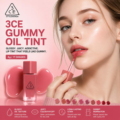 [3CE] Gummy Oil Tint - High-Gloss Hydrating Lip Tint with Jelly-like Texture, 4g (11 Shades) | Olive's K-beauty