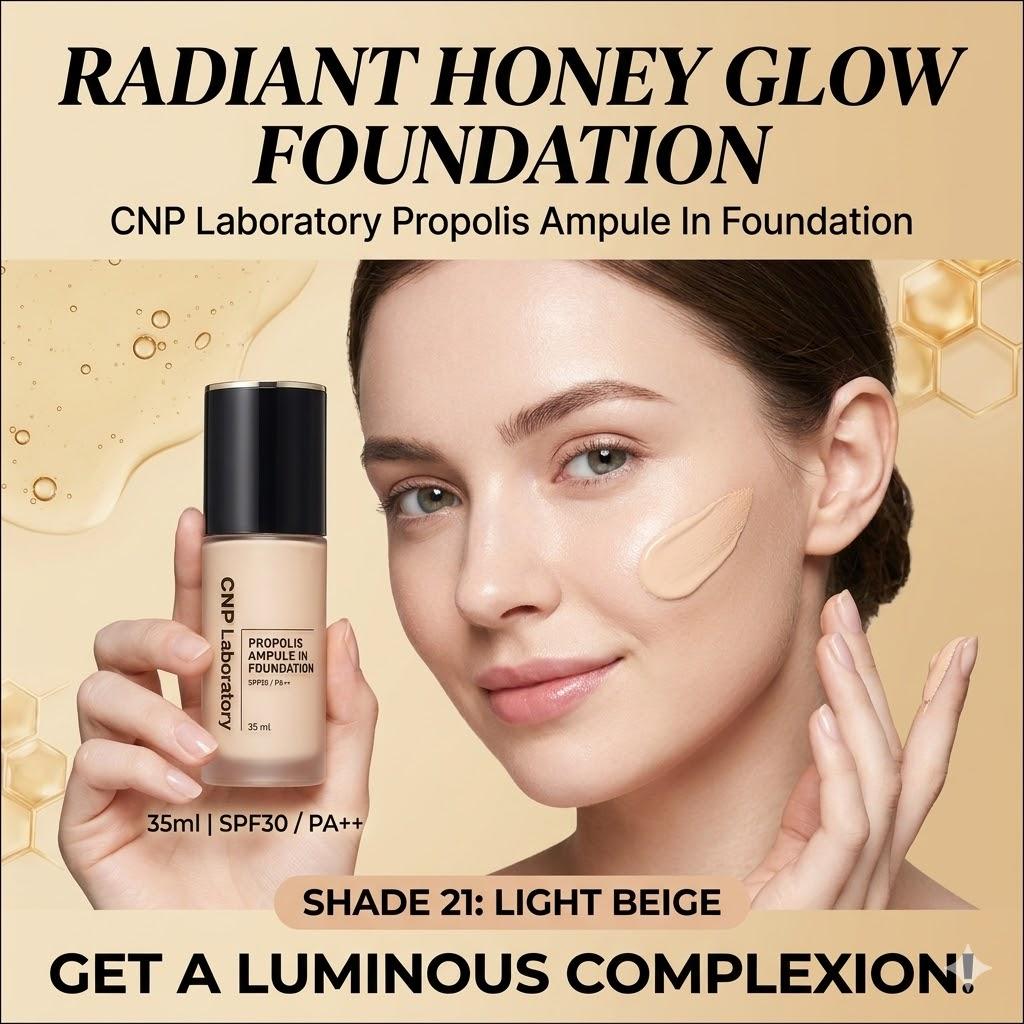 [CNP Laboratory] Propolis Ampule In Foundation 35ml - #21 Light Beige, SPF30 PA++, Radiant Honey Glow, High Coverage Liquid Foundation, K-Beauty