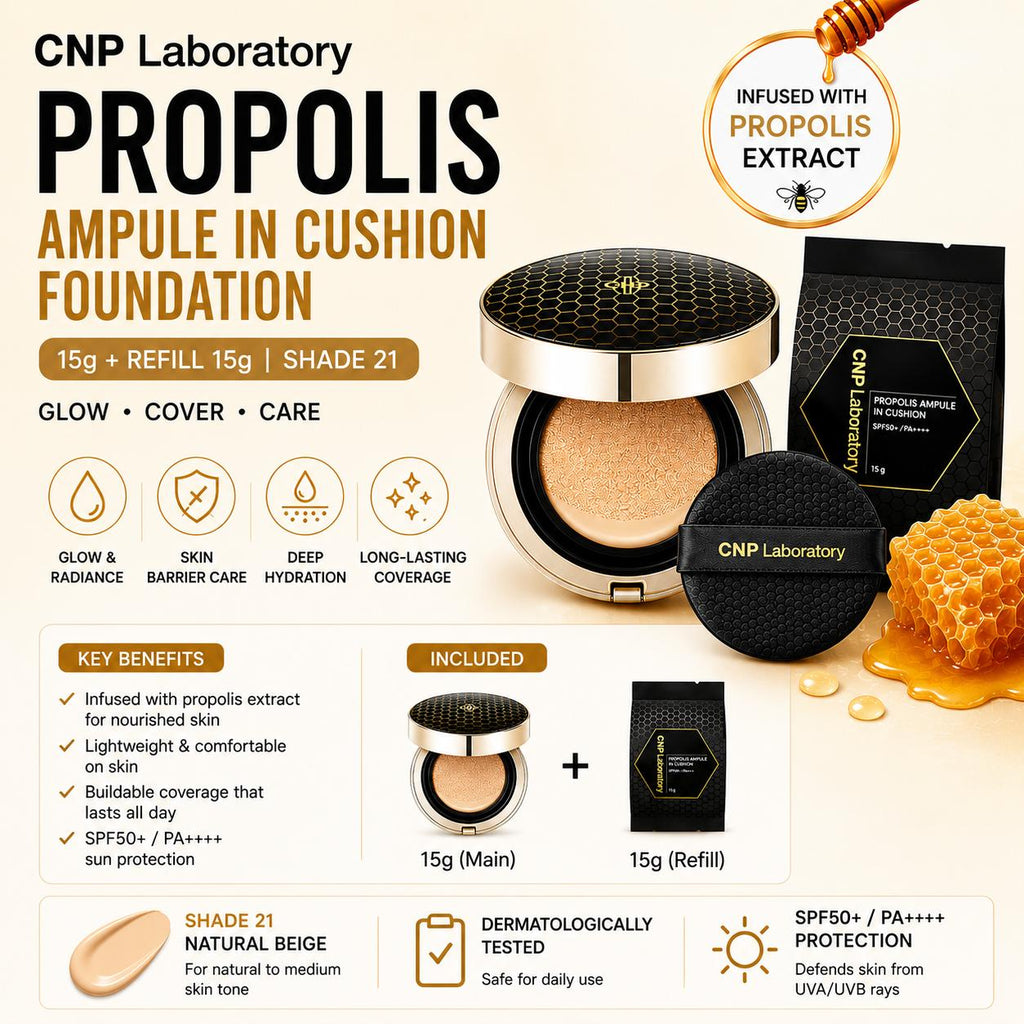 [CNP Laboratory] Propolis Ampule In Cushion Set (15g+Refill) - SPF50+ PA+++, Radiant Honey Glow, Deep Nourishing K-Beauty Cushion