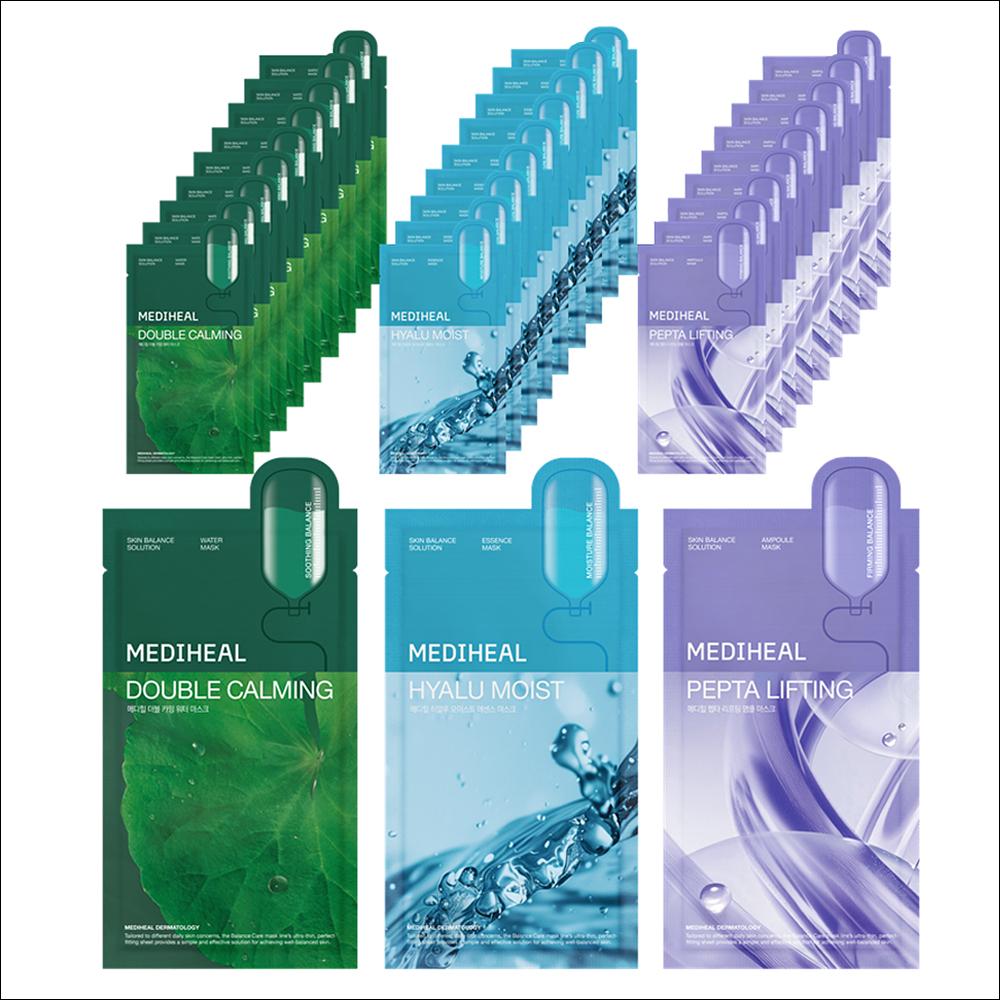 MEDIHEAL Double Calming Water Mask+Hyalu Moist Essence Mask+Pepta Lifting Ampoule Mask, 30 sheets, 1 set