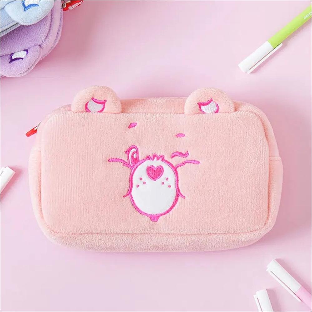 [K-Stationery] Daiso Korea Care Bears Plush Embroidery Pencil Case - Cute Pink Bear Pouch & Organizer