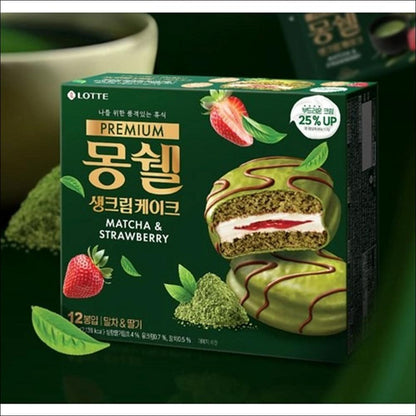 [Lotte] Moncher Premium Cream Cake Matcha & Strawberry (2 Boxes) - Long Shelf Life Snack, Shelf-Stable Fudgy K-Dessert (Authentic)