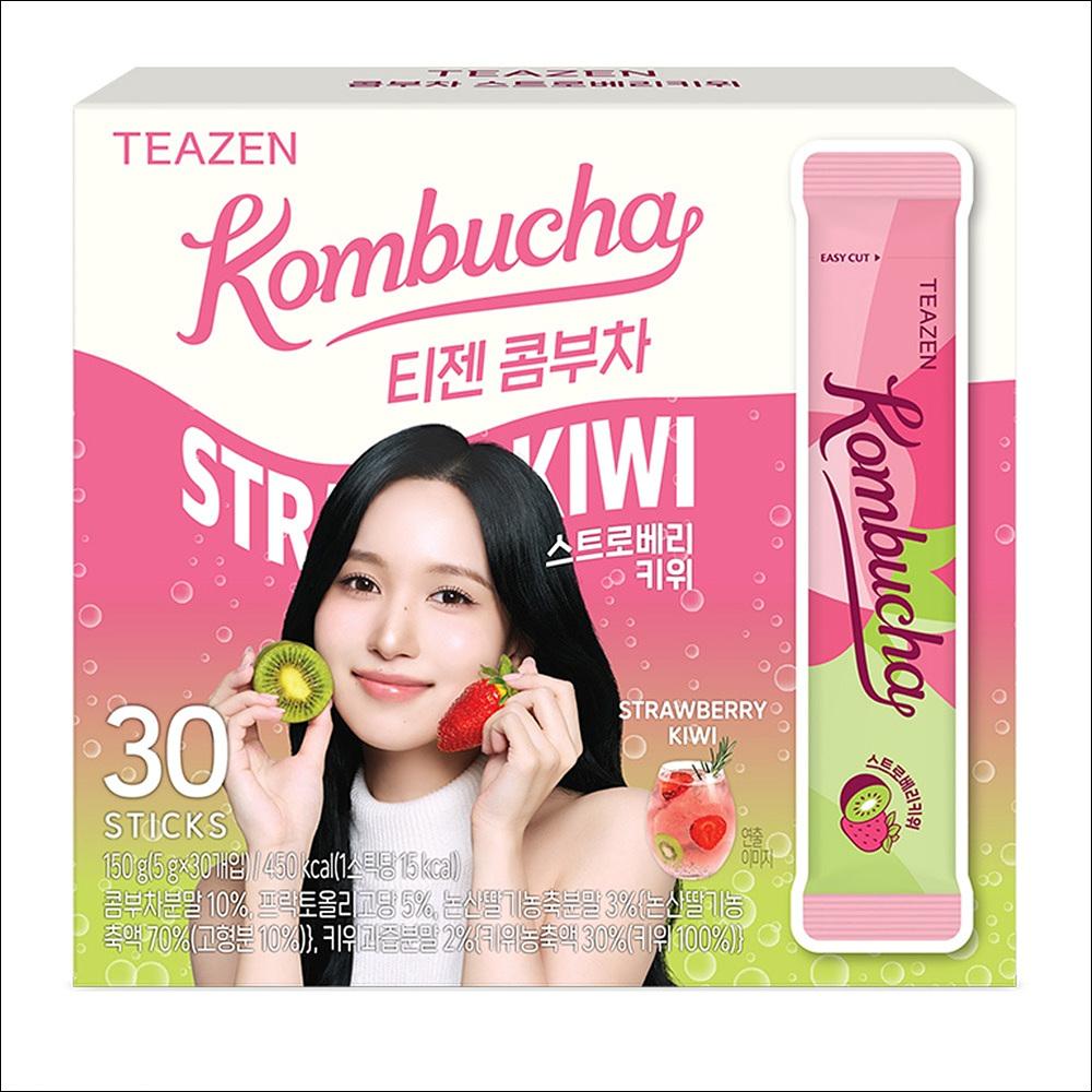 TEAZEN Kombucha Strawberry Kiwi Tea 30 Sticks / Low Calorie, Zero Sugar, Prebiotics