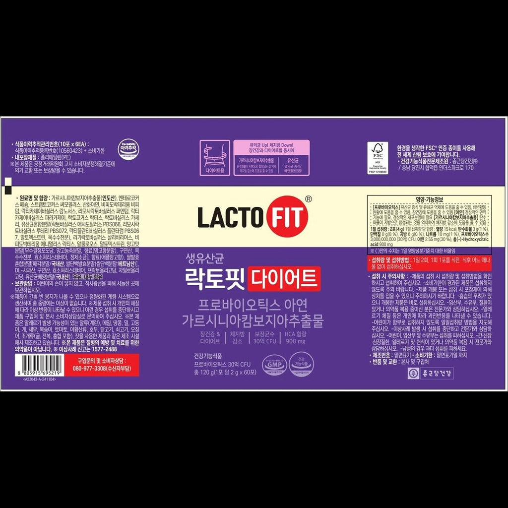Chong Kun Dang LACTO FIT DIET 60 pcs, 120g  / Probiotics, Zinc, Garcinia Cambogia Extract