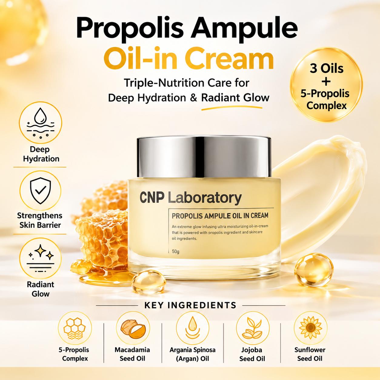 [CNP Laboratory] Propolis Ampule Oil In Cream 50g - Deep Nourishing Face Moisturizer, Ceramic Barrier & Honey Glow, K-Beauty Anti-Aging Cream