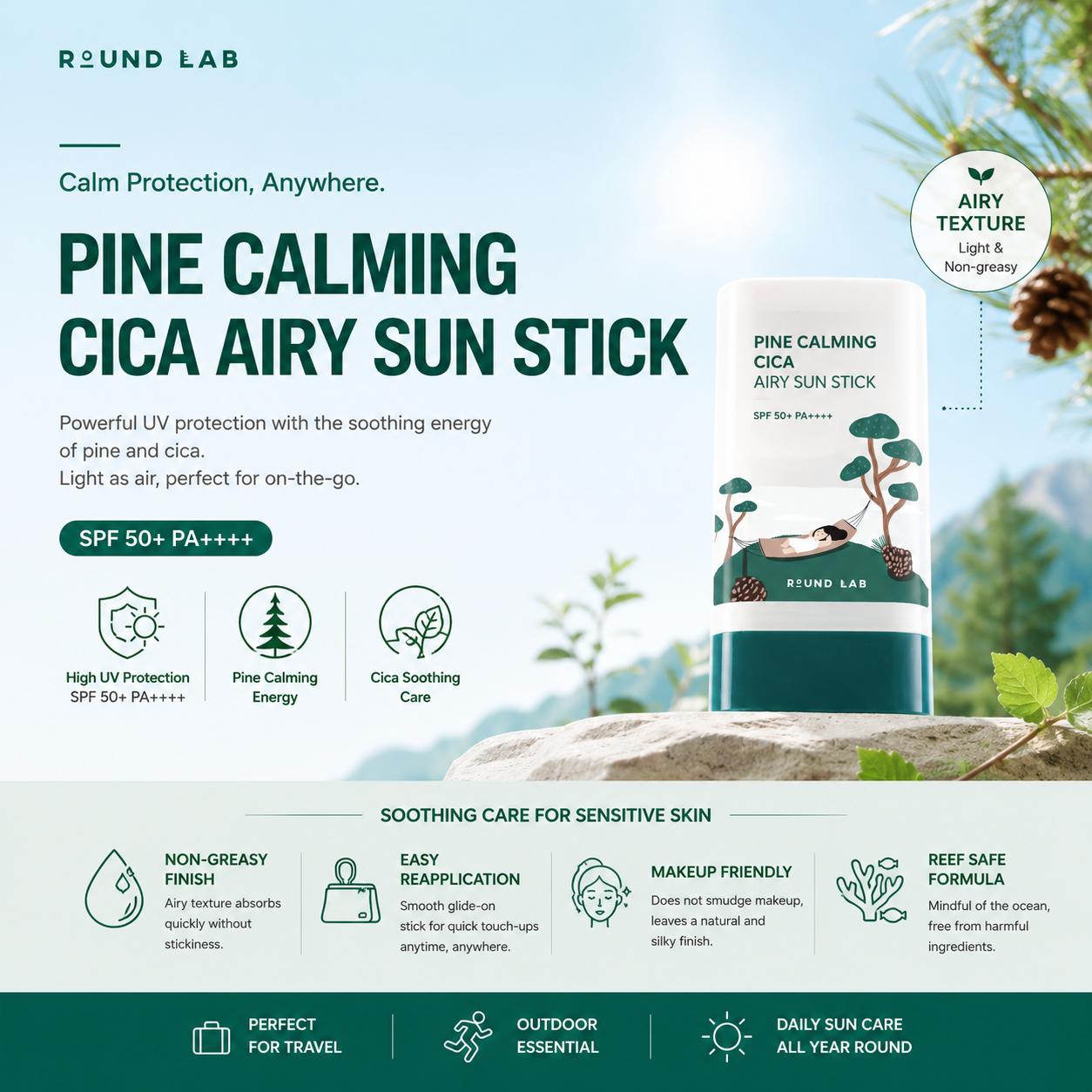 [Round Lab] Pine Calming Cica Airy Sun Stick SPF50+ PA++++ - Sebum Control & Lightweight Soothing Care, 19g | Olive's K-beauty
