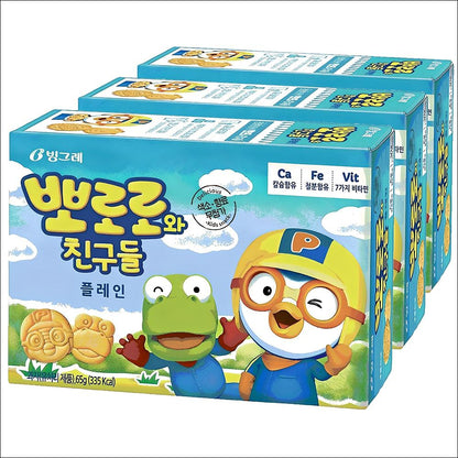 [Binggrae] Pororo and Friends Plain Crackers 65g (3 Pack) - Shelf-stable Dry Biscuits, Long Shelf Life Healthy Kids Snack