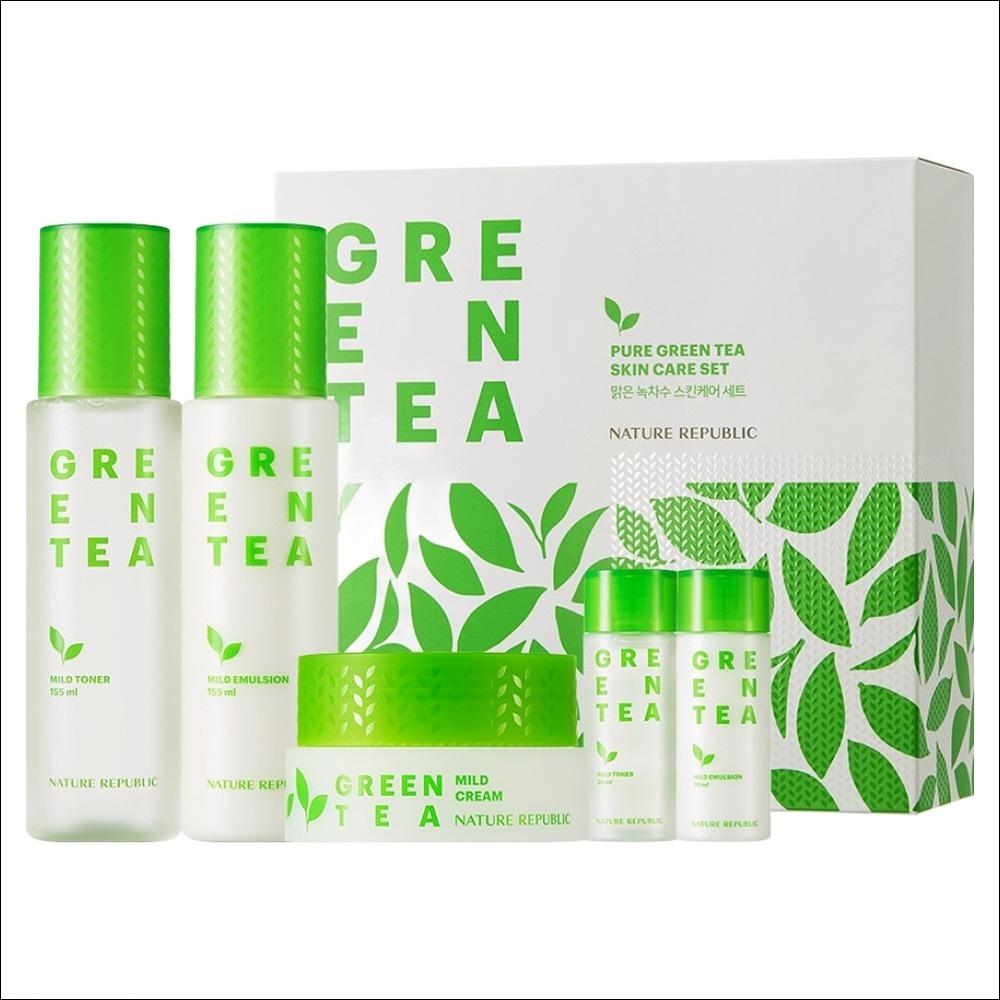 Nature Republic Fresh Green Tea Skincare Set (Full Hydration Set: Toner + Emulsion + Cream + Travel Gifts)